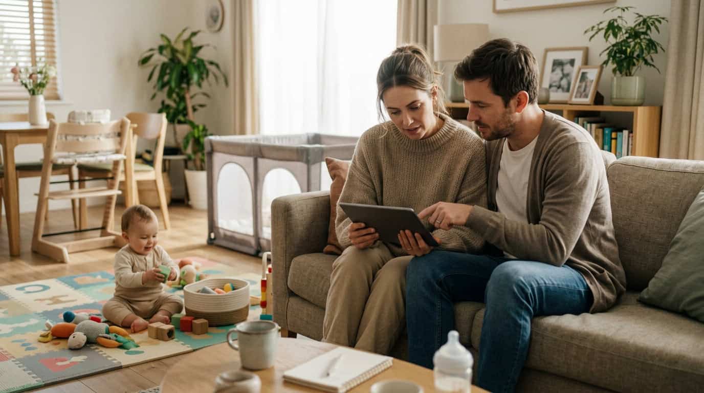 Familia comparando productos infantiles antes de realizar una compra